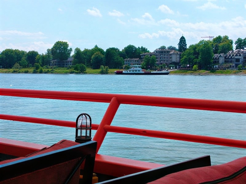 Rote Reling des Schiffs mit Panoramablick über den Rhein